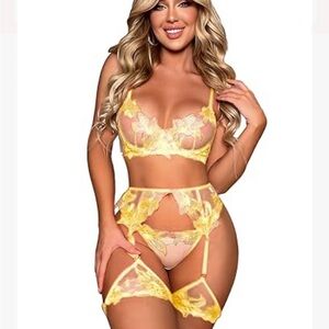 Yellow Lace Embroidered Lingerie Set Bra Panty Garter 3 Piece